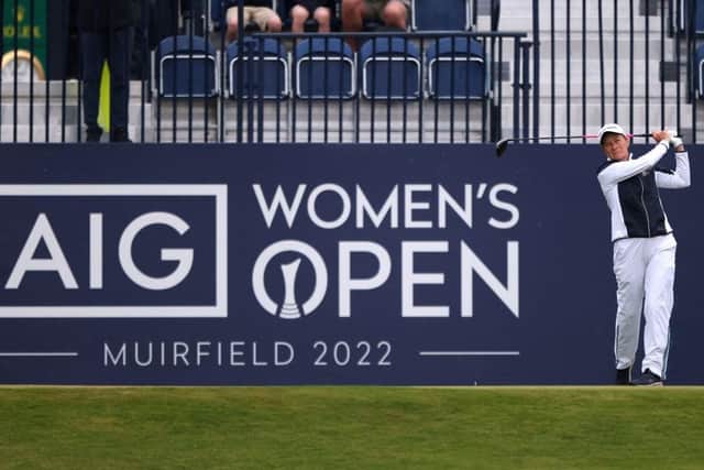 Catriona Matthew hits the opening shot in the first AIG Women's Open at Muirfield. Picture: Charlie Crowhurst/Getty Images.