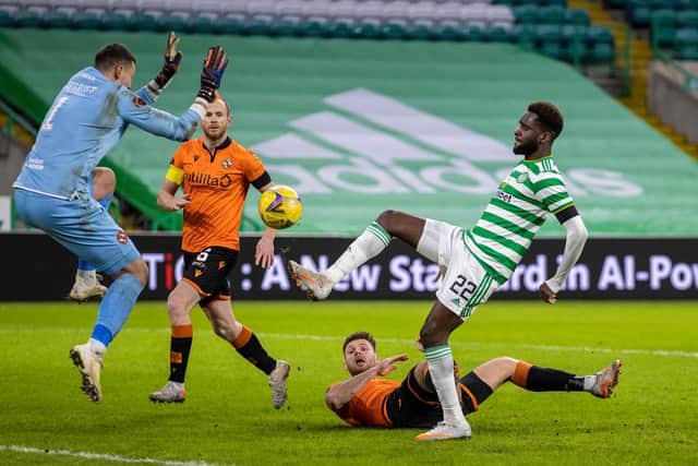 Celtic's Odsonne Edouard sees an effort saved in the 3-0 win over Dundee United that continued the recent run of successes and clean sheets for Neil Lennon's men and provided things the manager liked and some he didn't ahead of the crucial derby date with runaway Premiership leaders Rangers. (Photo by Craig Williamson / SNS Group)