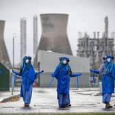 Extinction Rebellion Scotland campaigners blockade the road and demonstrate outside the Ineos oil refinery at Grangemouth.