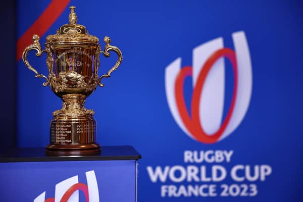 The Rugby World Cup trophy, the Webb Ellis Cup, presented during the tournament opening conference in Paris. (Photo by ANNE-CHRISTINE POUJOULAT/AFP via Getty Images)