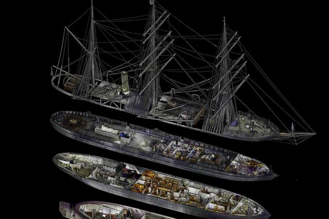 Exploded view of the RRS Discovery, showing the interior layout of each deck of the ship. PIC: University of Southampton.