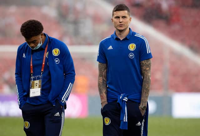 Scotland's Che Adams (left0 and Lyndon Dykes should be paired for the first time this international fortnight by Steve Clarke for the crucial World Cup qualifier in Austria.  (Photo by Alan Harvey / SNS Group)