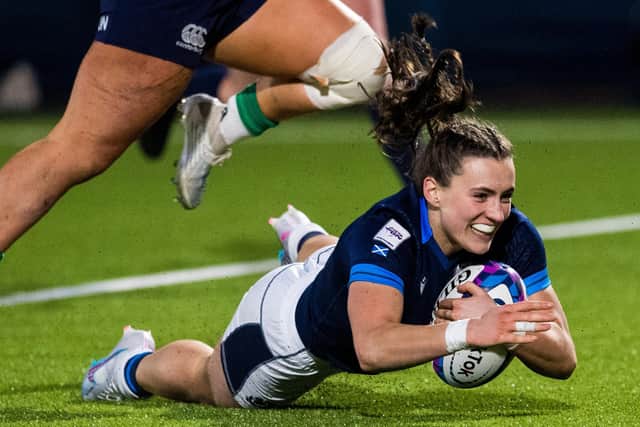 Francesca McGhie of Scotland scores a try during a TikTok Women's Six Nations match against Ireland at the DAM Health Stadium, on April 29, 2023.  (Photo by Ross Parker / SNS Group)