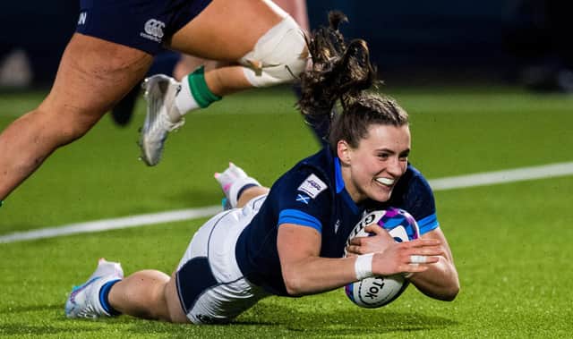 Francesca McGhie of Scotland scores a try during a TikTok Women's Six Nations match against Ireland at the DAM Health Stadium, on April 29, 2023. (Photo by Ross Parker / SNS Group)