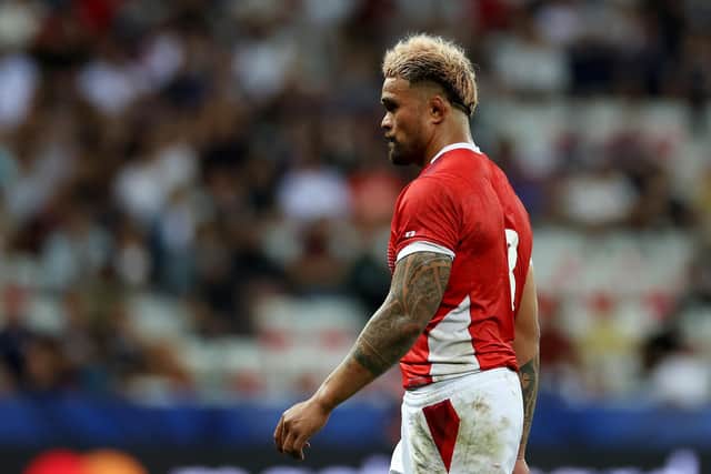 Vaea Fifita of Tonga leaves the field after receiving a yellow card from referee Karl Dickson against Scotland. It was upgraded to a red card by the bunker review. (Photo by Cameron Spencer/Getty Images)