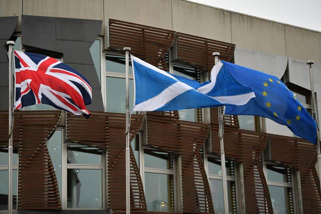 The European Union flag flies outside the Scottish Parliament on January 29, 2020 in Edinburgh alongside the Saltire. Picture: Jeff J Mitchell/Getty Images