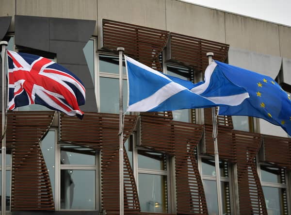 The European Union flag flies outside the Scottish Parliament on January 29, 2020 in Edinburgh alongside the Saltire. Picture: Jeff J Mitchell/Getty Images