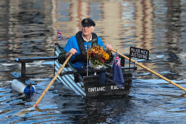 Mr Stanley, who served in The Royal Scots Dragoon Guards for 35 years, arrived in Chichester, West Sussex, on Friday morning aboard his faithful vessel the Tintanic. (Photo: Andrew Matthews)