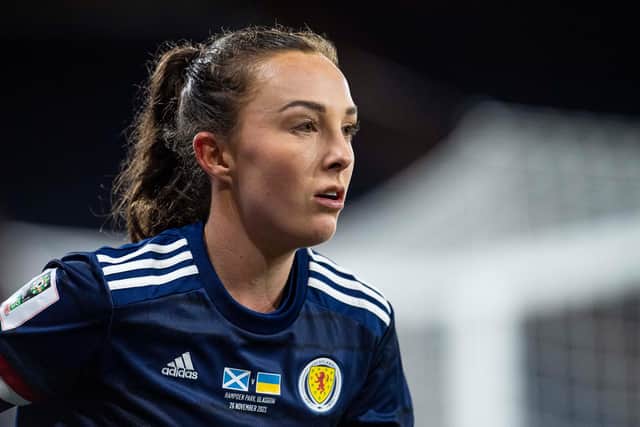 Caroline Weir in action for Scotland during the FIFA Women's World Cup Qualifier between Scotland and Ukraine at Hampden Park, on November 26, 2021, in Glasgow, Scotland. (Photo by Ross MacDonald / SNS Group)