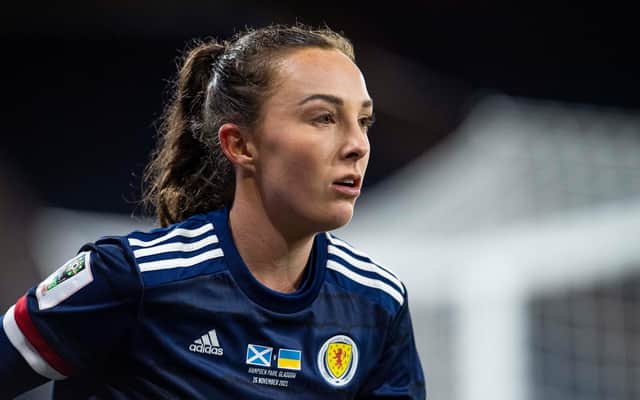 Caroline Weir in action for Scotland during the FIFA Women's World Cup Qualifier between Scotland and Ukraine at Hampden Park, on November 26, 2021, in Glasgow, Scotland. (Photo by Ross MacDonald / SNS Group)