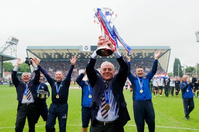 Walter Smith celebrates winning Rangers' 54th league title at Rugby Park in May 2011. (Photo by Alan Harvey/SNS Group).