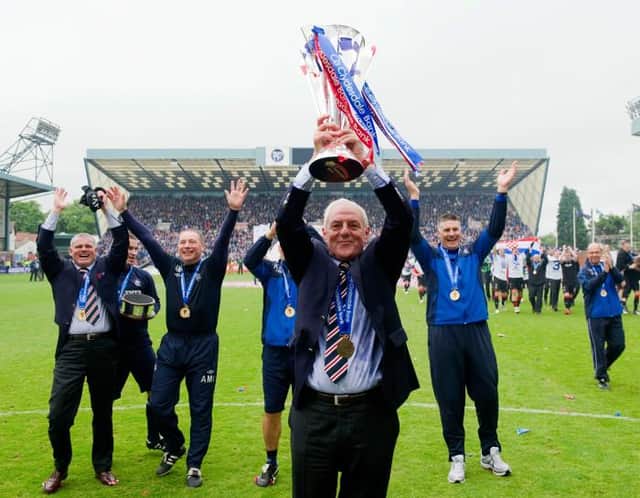 Walter Smith celebrates winning Rangers' 54th league title at Rugby Park in May 2011. (Photo by Alan Harvey/SNS Group).