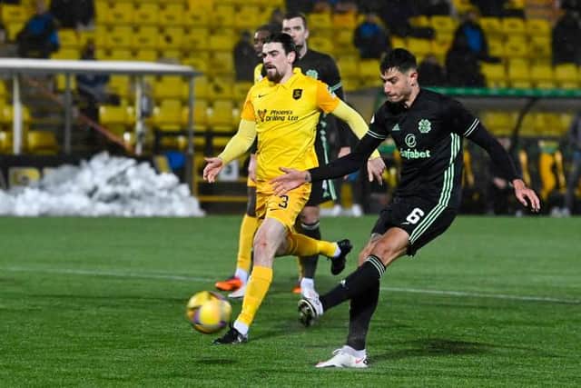 Celtic's Nir Bitton (R) makes it 2-1 during a Scottish Premiership match between Livingston and Celtic at the Tony Macaroni Arena, on January 20, 2021, in Livingston, Scotland. (Photo by Rob Casey / SNS Group)