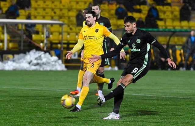 Celtic's Nir Bitton (R) makes it 2-1 during a Scottish Premiership match between Livingston and Celtic at the Tony Macaroni Arena, on January 20, 2021, in Livingston, Scotland. (Photo by Rob Casey / SNS Group)