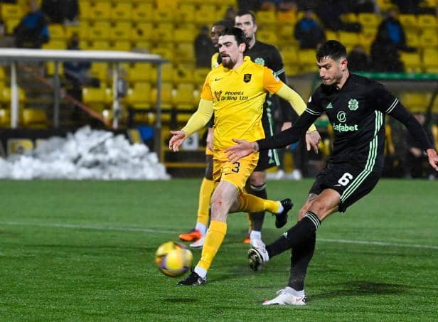 Celtic's Nir Bitton (R) makes it 2-1 during a Scottish Premiership match between Livingston and Celtic at the Tony Macaroni Arena, on January 20, 2021, in Livingston, Scotland. (Photo by Rob Casey / SNS Group)