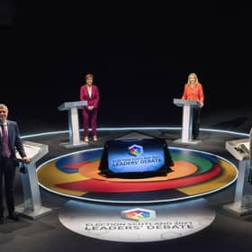 Leaders' Debate from the Corn Exchange, Edinburgh. Picture shows L-R clockwise Presenter Sarah Smith, Scottish Conservative Party leader Douglas Ross, Scottish Green Party co-leader Lorna Slater, Scottish Liberal Democrat leader Willie Rennie, Scottish Labour Party leader Anas Sarwar and Scotland's First Minister and leader of the Scottish National Party Nicola Sturgeon (Photo: BBC Scotland / Kirsty Anderson).