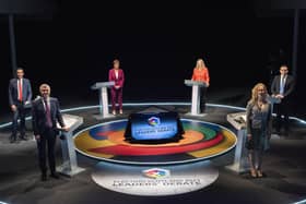 Leaders' Debate from the Corn Exchange, Edinburgh. Picture shows L-R clockwise Presenter Sarah Smith, Scottish Conservative Party leader Douglas Ross, Scottish Green Party co-leader Lorna Slater, Scottish Liberal Democrat leader Willie Rennie, Scottish Labour Party leader Anas Sarwar and Scotland's First Minister and leader of the Scottish National Party Nicola Sturgeon (Photo: BBC Scotland / Kirsty Anderson).