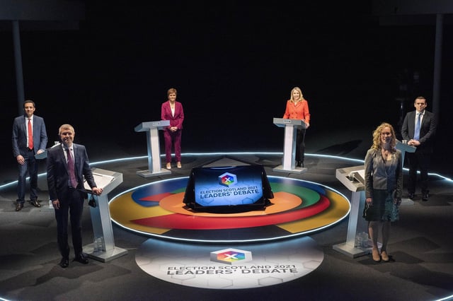 Leaders' Debate from the Corn Exchange, Edinburgh. Picture shows L-R clockwise Presenter Sarah Smith, Scottish Conservative Party leader Douglas Ross, Scottish Green Party co-leader Lorna Slater, Scottish Liberal Democrat leader Willie Rennie, Scottish Labour Party leader Anas Sarwar and Scotland's First Minister and leader of the Scottish National Party Nicola Sturgeon (Photo: BBC Scotland / Kirsty Anderson).