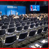 Empty seats in the auditorium as shadow chancellor Sir Mel Stride makes a speech during the Conservative Party Conference in Manchester on Monday (Picture: Danny Lawson/PA Wire)