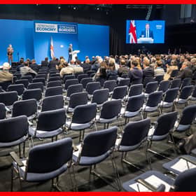 Empty seats in the auditorium as shadow chancellor Sir Mel Stride makes a speech during the Conservative Party Conference in Manchester on Monday (Picture: Danny Lawson/PA Wire)