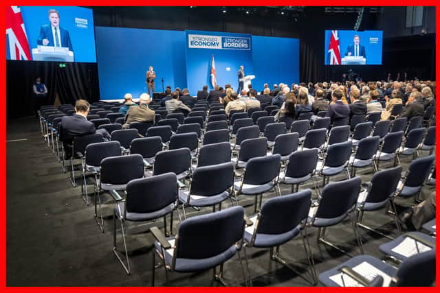 Empty seats in the auditorium as shadow chancellor Sir Mel Stride makes a speech during the Conservative Party Conference in Manchester on Monday (Picture: Danny Lawson/PA Wire)