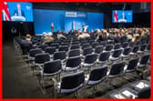 Empty seats in the auditorium as shadow chancellor Sir Mel Stride makes a speech during the Conservative Party Conference in Manchester on Monday (Picture: Danny Lawson/PA Wire)