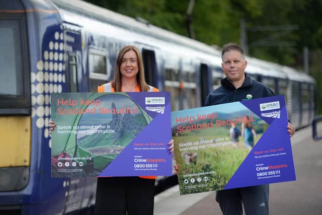 Monica McGinley, from Network Rail and Inspector Alan Dron, from SPARC launch the campaign. Pic James Chapelard.