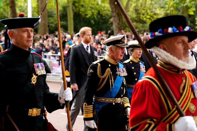 King Charles III, the Princess Royal and The Duke of Sussex follow the State Gun Carriage carrying the coffin of Queen Elizabeth II in the Ceremonial Procession after her State Funeral at Westminster Abbey, London. Picture date: Monday September 19, 2022.
