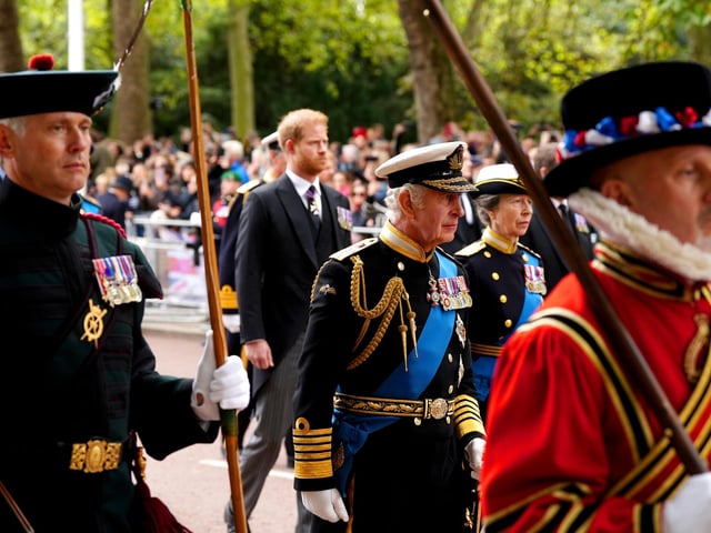 King Charles III, the Princess Royal and The Duke of Sussex follow the State Gun Carriage carrying the coffin of Queen Elizabeth II in the Ceremonial Procession after her State Funeral at Westminster Abbey, London. Picture date: Monday September 19, 2022.