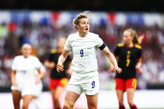 Ellen White of England in action during the Women's International friendly match between England and Belgium at Molineux on June 16, 2022 in Wolverhampton , United Kingdom. (Photo by Naomi Baker/Getty Images)