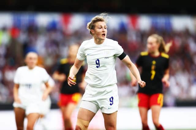 Ellen White of England in action during the Women's International friendly match between England and Belgium at Molineux on June 16, 2022 in Wolverhampton , United Kingdom. (Photo by Naomi Baker/Getty Images)