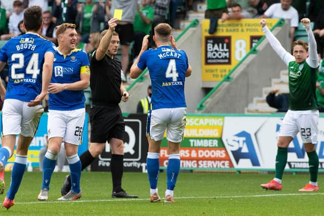 Jamie McCart was booked in the aftermath of conceding a penalty by referee John Beaton.