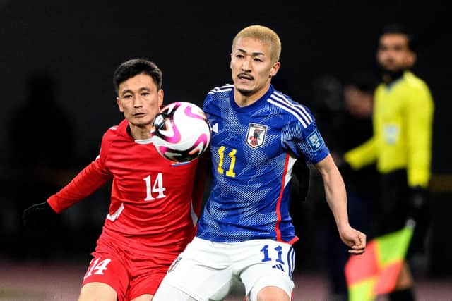 Celtic's Daizen Maeda (right) in action for Japan during the 1-0 win over North Korea in Tokyo this week. (Photo by PHILIP FONG/AFP via Getty Images)