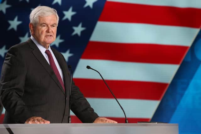 Newt Gingrich addresses the Free Iran 2018 - the Alternative event that was the target of the bomb plot (Picture: Zakaria Abdelkafi/AFP via Getty Images)