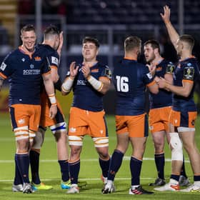 Edinburgh celebrate their Challenge Cup win over Bath. (Photo by Ross Parker / SNS Group)