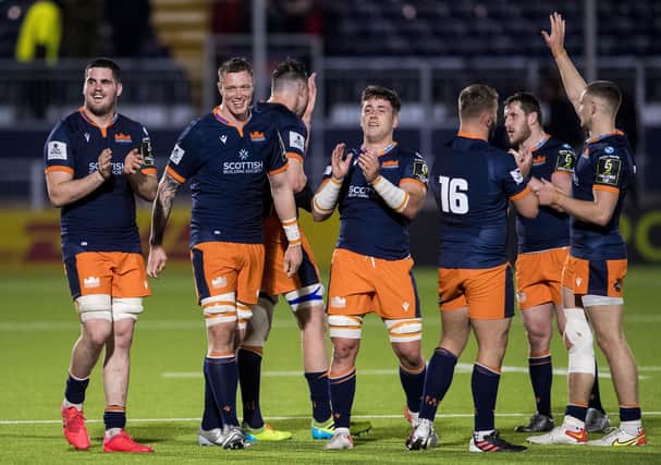 Edinburgh celebrate their Challenge Cup win over Bath. (Photo by Ross Parker / SNS Group)