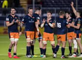 Edinburgh celebrate their Challenge Cup win over Bath. (Photo by Ross Parker / SNS Group)