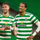 Celtic defenders Kris Ajer and Christopher Jullien share a smile after the 2-0 win over Kilmarnock at Celtic Park. (Photo by Craig Williamson / SNS Group)