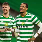 Celtic defenders Kris Ajer and Christopher Jullien share a smile after the 2-0 win over Kilmarnock at Celtic Park. (Photo by Craig Williamson / SNS Group)