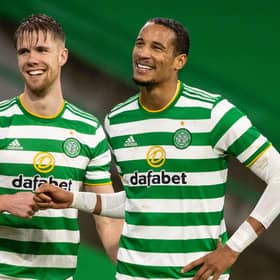 Celtic defenders Kris Ajer and Christopher Jullien share a smile after the 2-0 win over Kilmarnock at Celtic Park. (Photo by Craig Williamson / SNS Group)