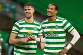 Celtic defenders Kris Ajer and Christopher Jullien share a smile after the 2-0 win over Kilmarnock at Celtic Park. (Photo by Craig Williamson / SNS Group)