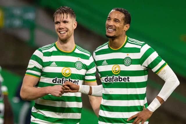 Celtic defenders Kris Ajer and Christopher Jullien share a smile after the 2-0 win over Kilmarnock at Celtic Park. (Photo by Craig Williamson / SNS Group)