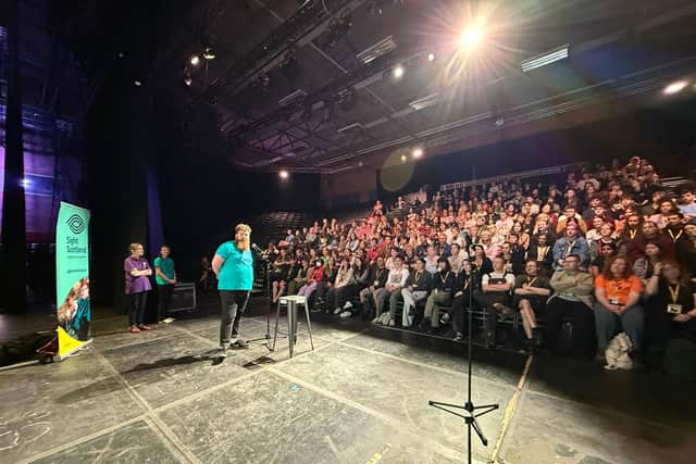 Callum Lancashire from Sight Loss Councils leads the accessibility training to over 250 staff at the Pleasance.