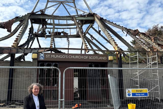 Rt Rev Rosie Frew outside St Mungo's Church in Cumbernauld that was ravaged by a fire on 2 August, 2025.