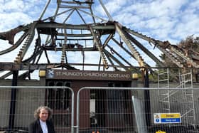 Rt Rev Rosie Frew outside St Mungo's Church in Cumbernauld that was ravaged by a fire on 2 August, 2025.