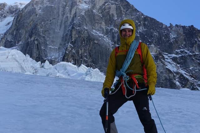 Tim Miller below the north west face of Jugal Spire, the peak which he won a Piolet D'Or for with Paul Ramsden