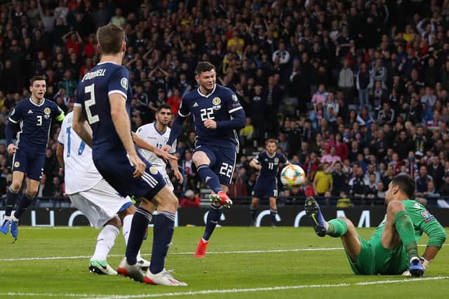 Oliver Burke scores Scotland's winner against Cyprus at Hampden in June, 2019. (Photo by Ian MacNicol/Getty Images)