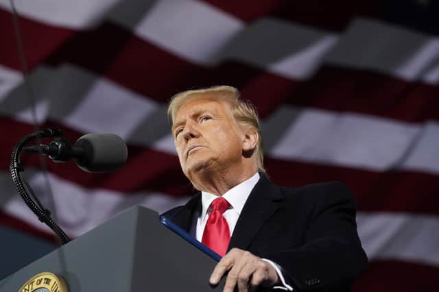 US president Donald Trump speaks at a campaign rally at Des Moines International Airport. Picture: AP Photo/Alex Brandon