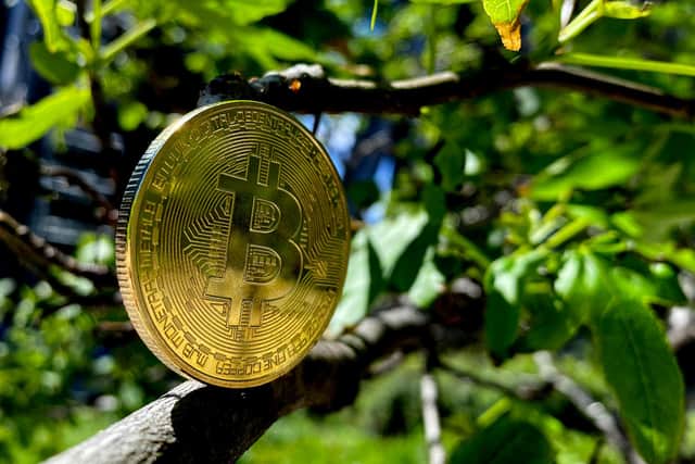 A visual representation of Bitcoin cryptocurrency. Picture: Edward Smith/Getty Images