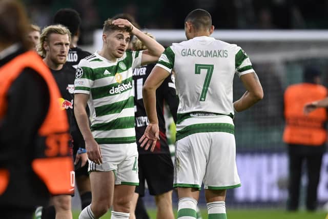 Celtic's James Forrest displays his angst during the RB Leipzig loss with the club veteran the only squad member to know what it was like for the men in green and white to be a daunting force in the competition in the east end of Glasgow. A time now consigned to history with the appalling recent home form.  (Photo by Rob Casey / SNS Group)